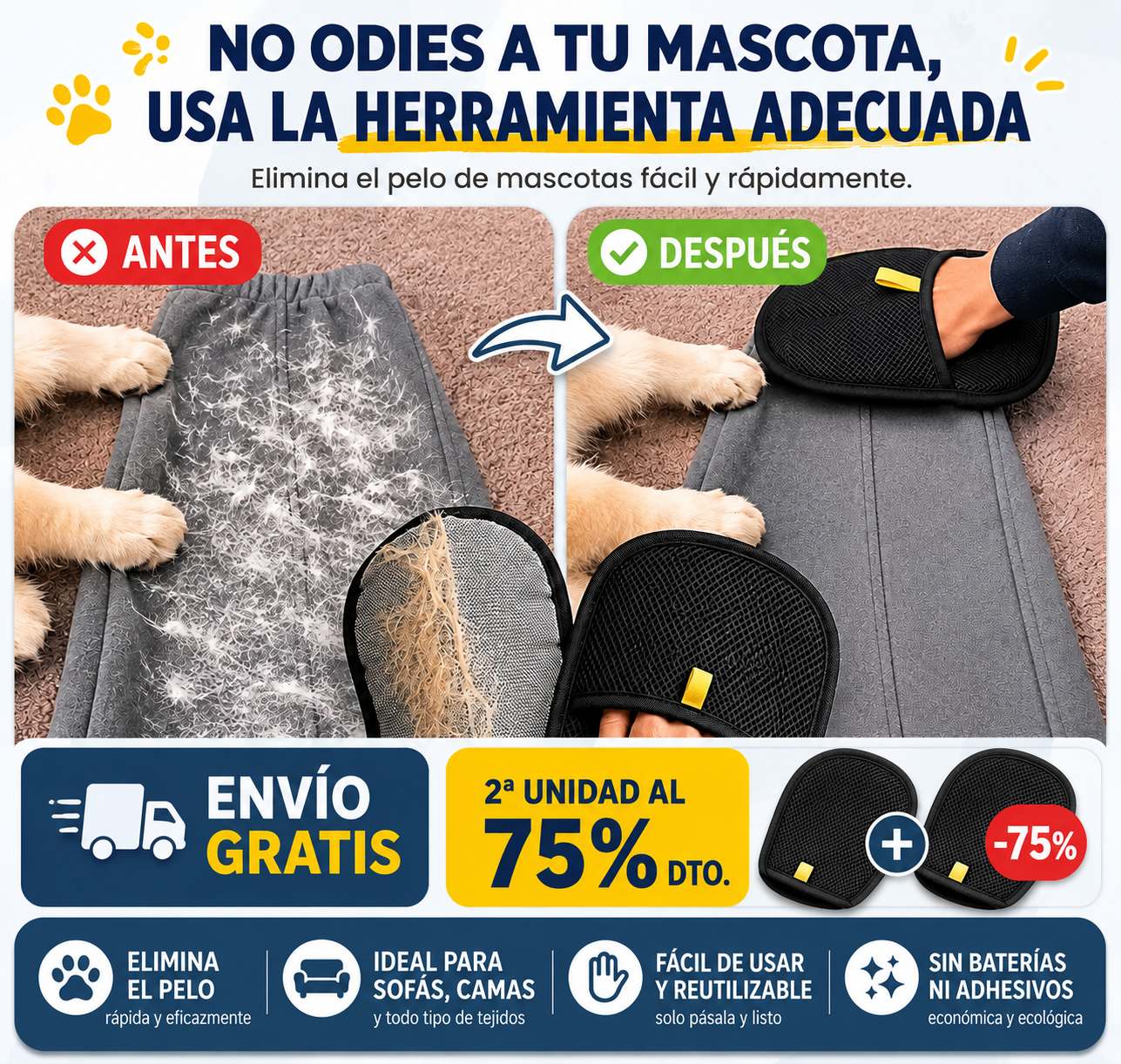 "Manopla Quitapelos Reutilizable para Mascotas"