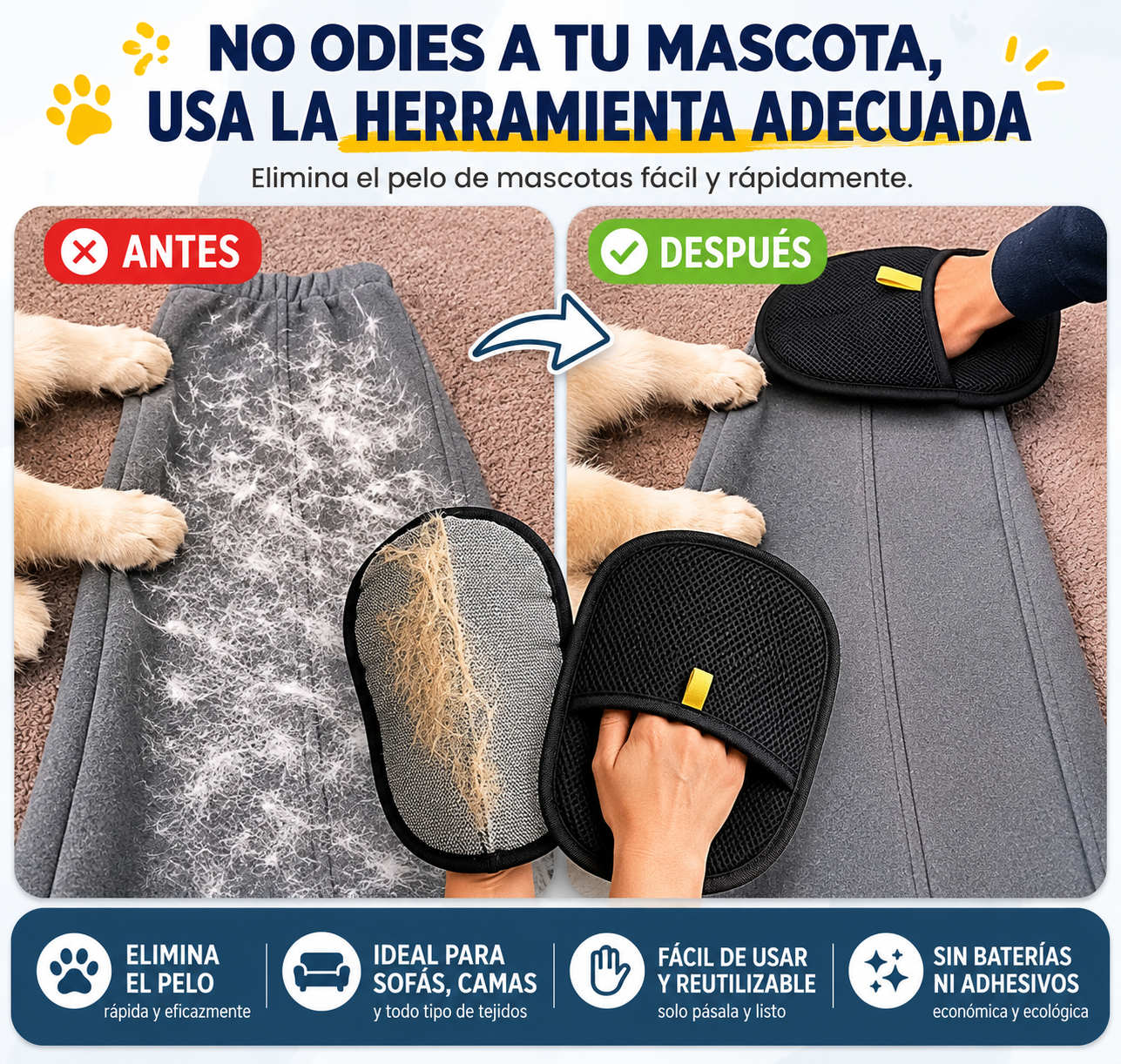 "Manopla Quitapelos Reutilizable para Mascotas"